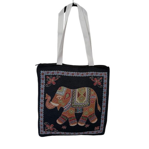 14" x 14.5" Black / Navy Embroidered Thai Elephant Zip Bag with White Handles - Picture 2 of 4